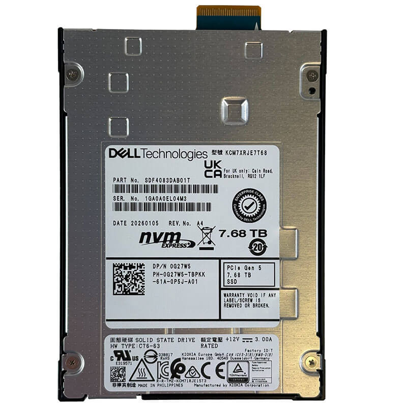 Dell / Kioxia CM7-R 7.68TB EDSFF E3.S NVMe SSD, 512e, PCIe 5.0 x4, Server Hard Drive, D P/N: 0G27W5 / G27W5