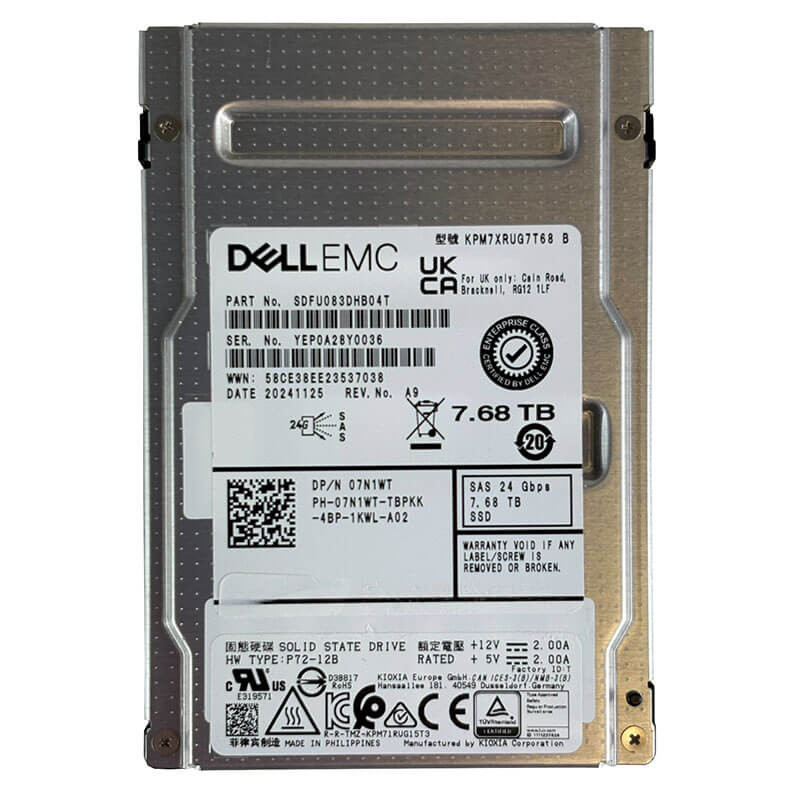 Dell / Kioxia PM7-R 7.68TB SAS SSD, 512e, 24Gbps, 2.5" Server Hard Drive, D P/N: 07N1WT / 7N1WT
