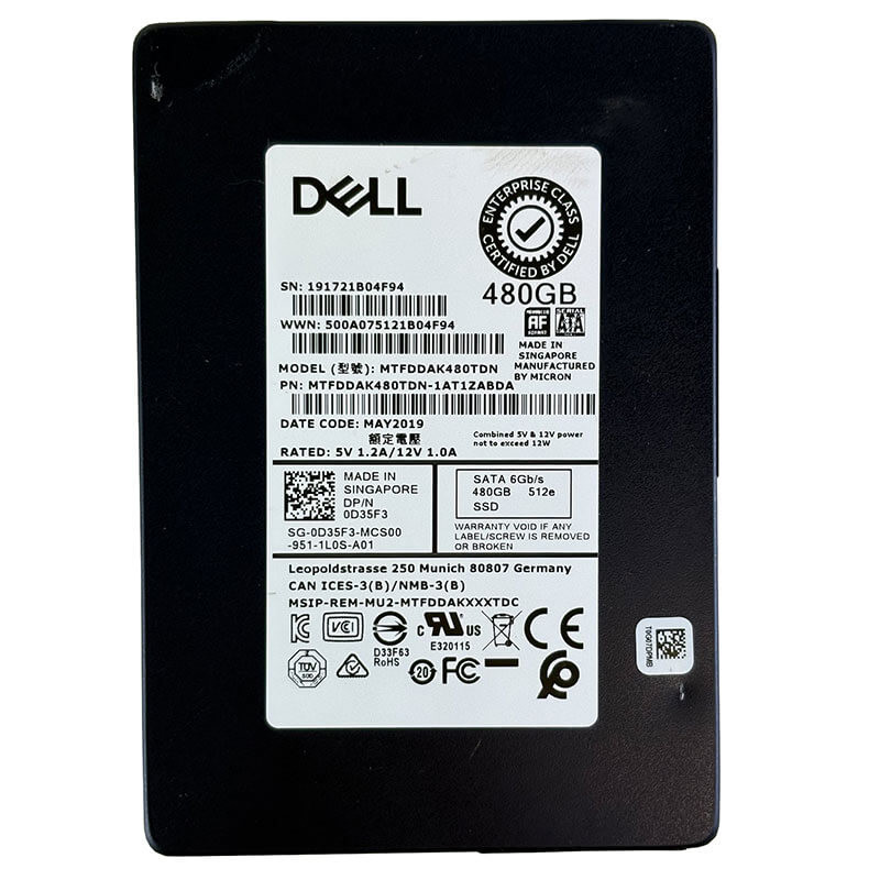 Dell / Micron 5200 Max 480GB SATA SSD, 512e, 6Gbps, 2.5" Server Hard Drive, D P/N: 0D35F3 / D35F3 (Dented but Fully Functional)